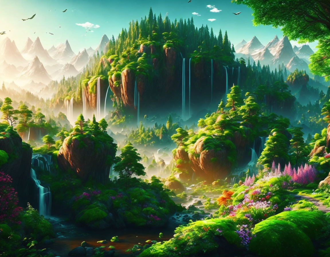 Vibrant fantasy valley with lush greenery, waterfalls, and mountains