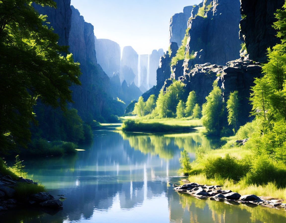 Tranquil river in lush valley with rugged cliffs and sunlight reflections