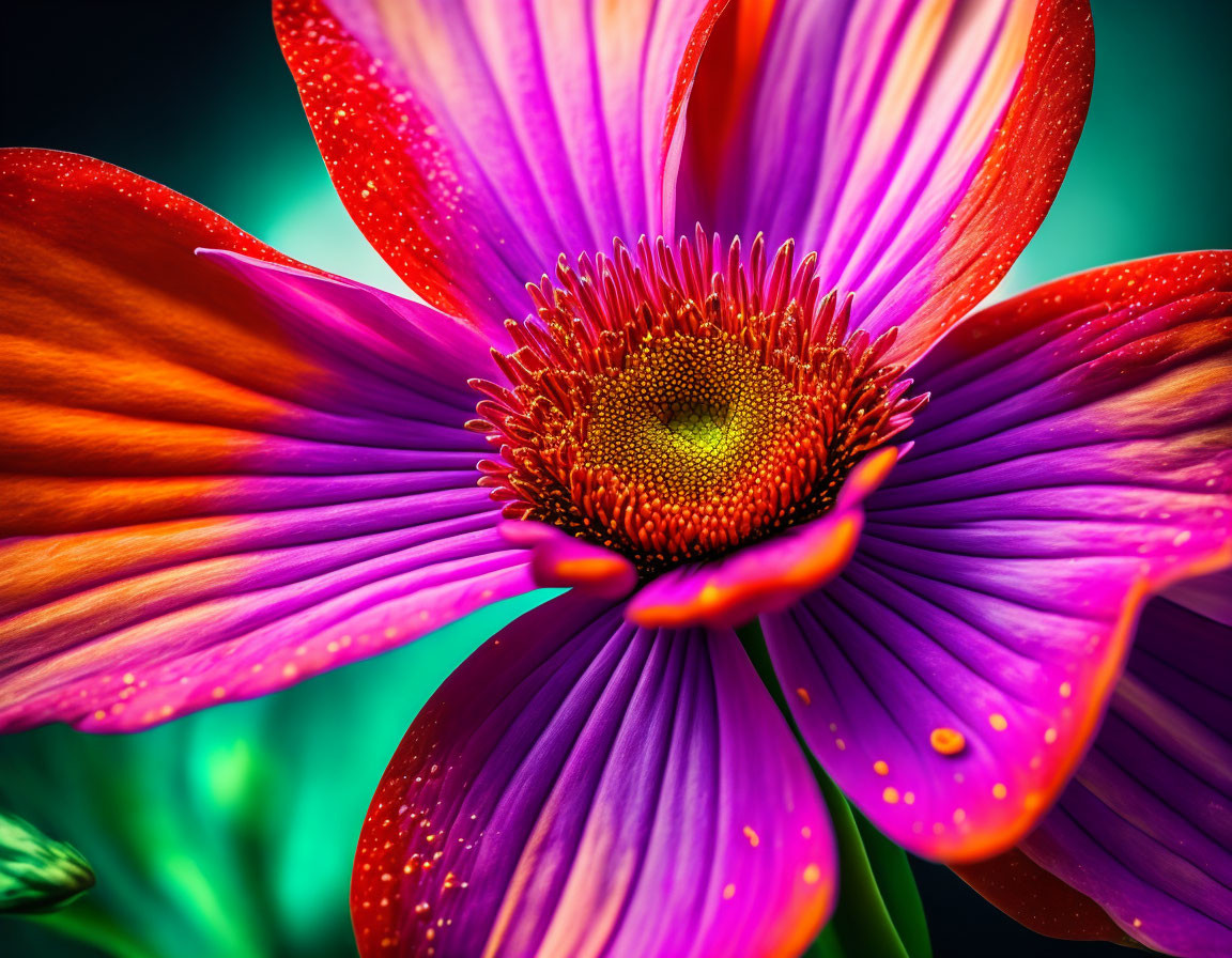 Colorful flower close-up with red and purple petals and dew drops on yellow center.