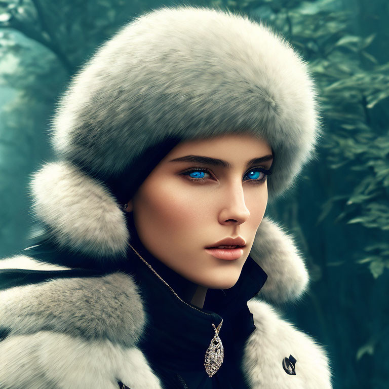 Striking blue-eyed person in fur hat and coat against green foliage