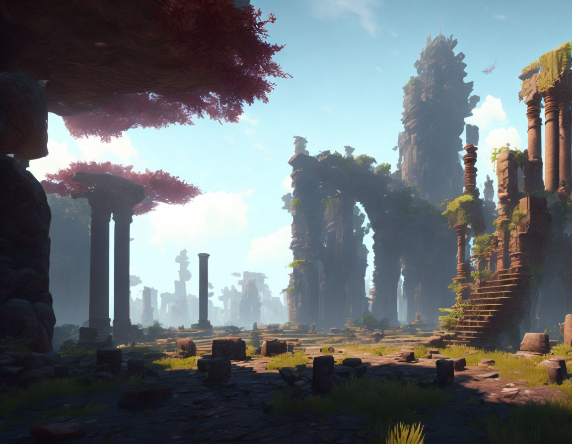 Ancient ruins landscape with towering pillars and lush greenery