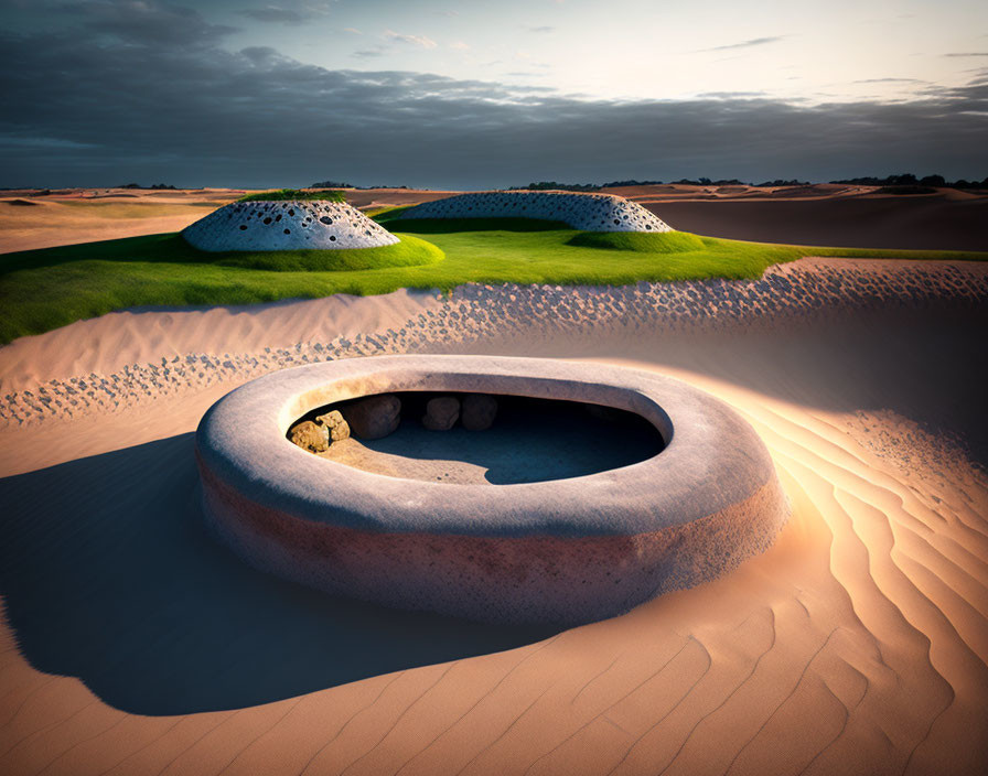 Surreal desert landscape with round stone structures and spotted domes under dramatic sky