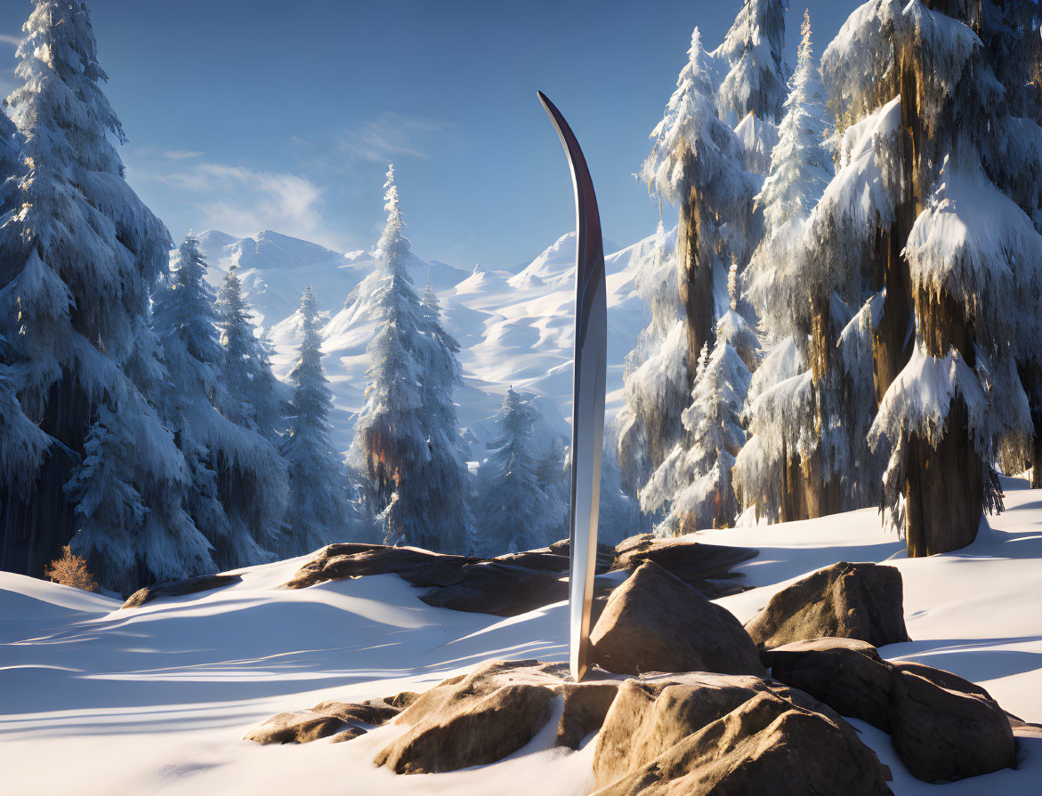 Snow-covered monolith in wintry forest with mountains