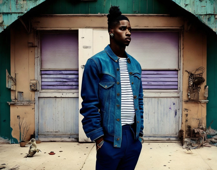 Man in denim jacket and pants near green and purple building with stuffed animal.