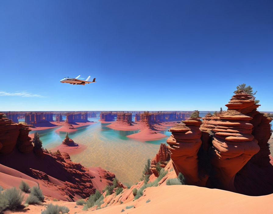 Airplane flying over surreal desert with red rock formations and blue river