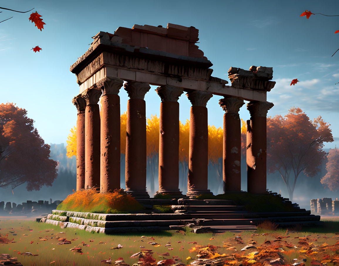 Stone ruins with columns in autumn setting under clear blue sky