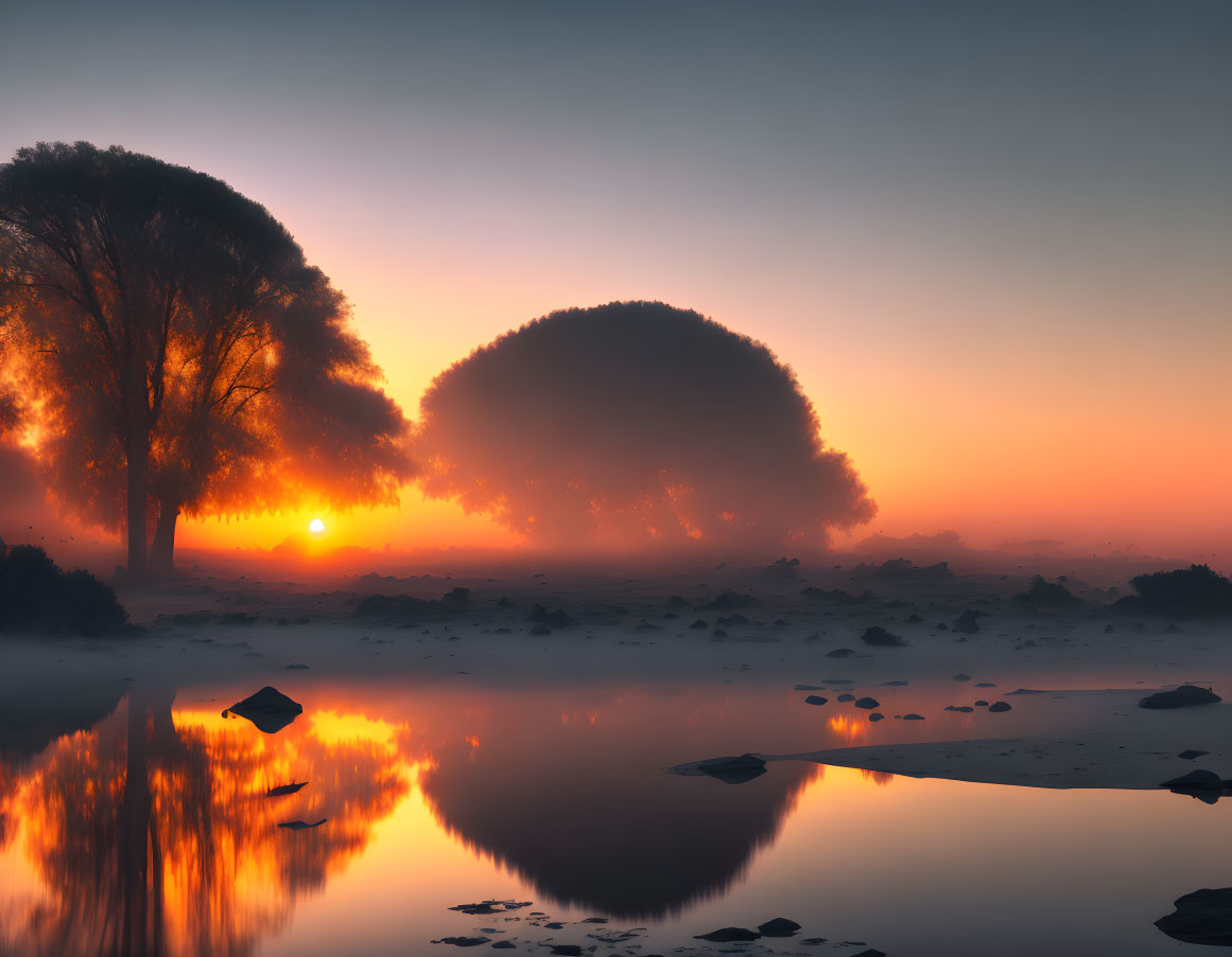 Tranquil sunrise scene with silhouetted trees, misty water, and gradient sky