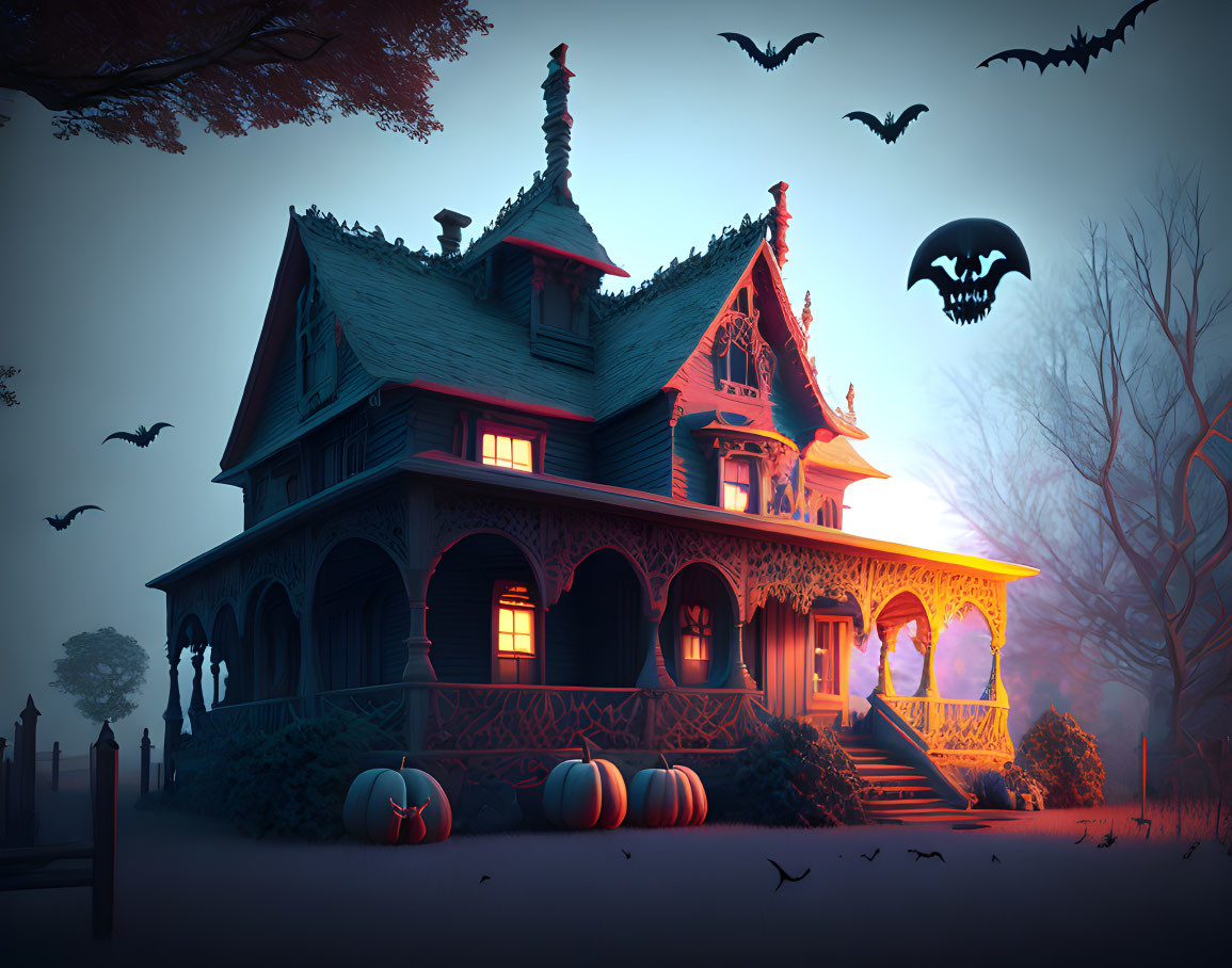 Victorian house at twilight with bats, pumpkins, and misty ambiance