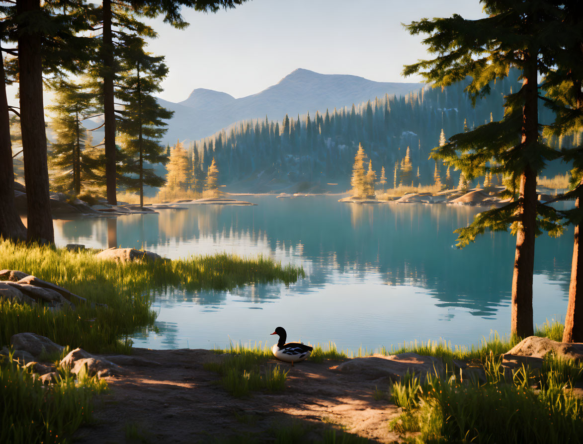 Tranquil sunrise scene: mountain lake, tree reflections, lone duck