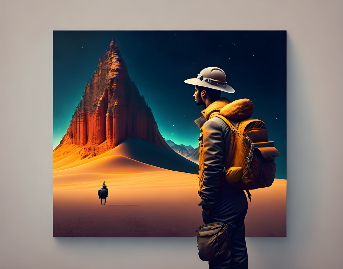 Traveler in Hat Gazes at Illuminated Mountain Under Starry Night Sky