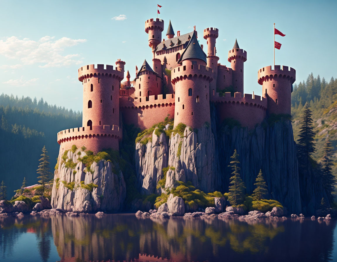 Castle with Towers and Battlements on Cliff Overlooking Forest and Water
