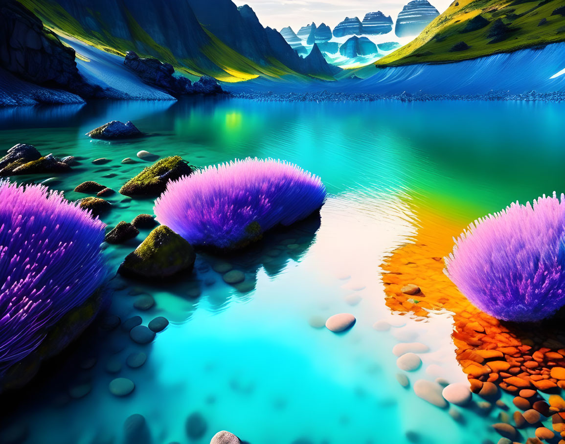 Surreal landscape with turquoise lake, purple formations & green hills