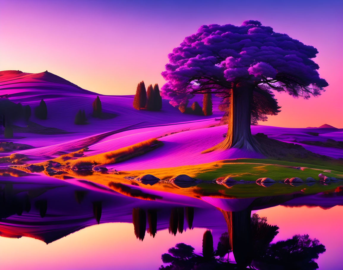 Purple-hued surreal landscape with central tree, dunes, water, and vibrant sky