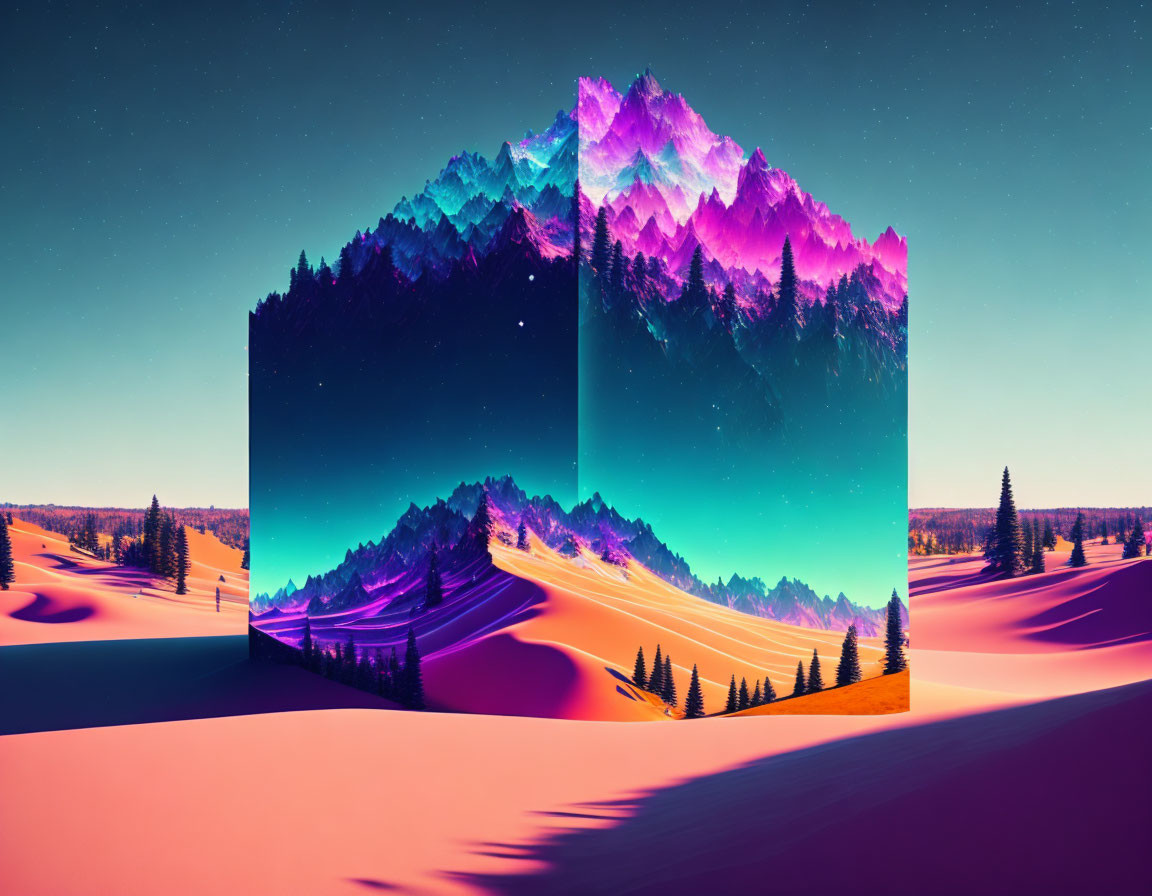 Vibrant purple mountains in surreal desert landscape under teal sky