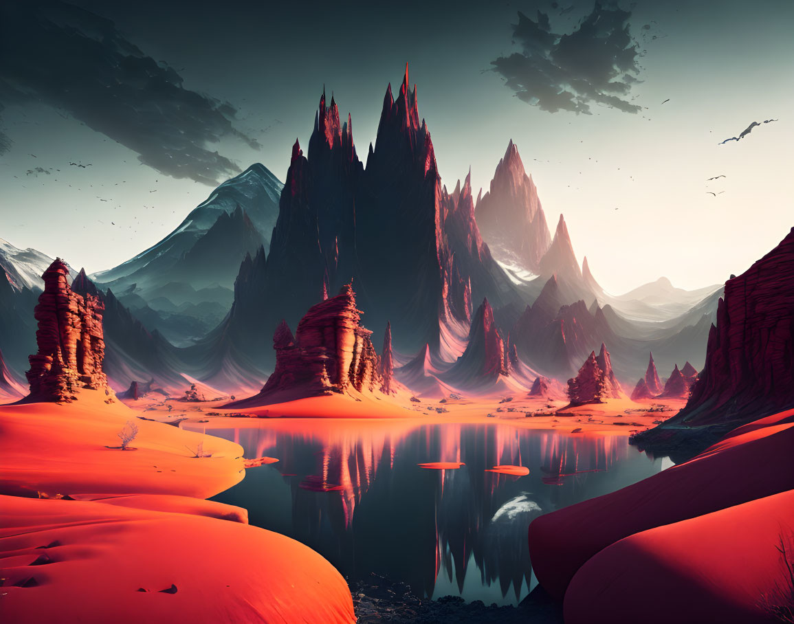 Surreal landscape featuring spiky mountains, reflective lake, red sand dunes, and foliage