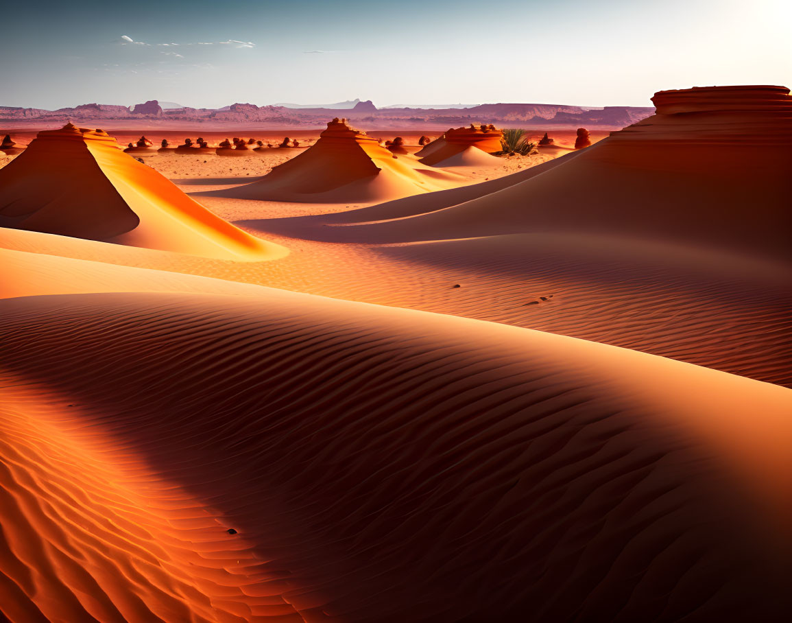 Sunset over smooth desert dunes with warm light and shadows