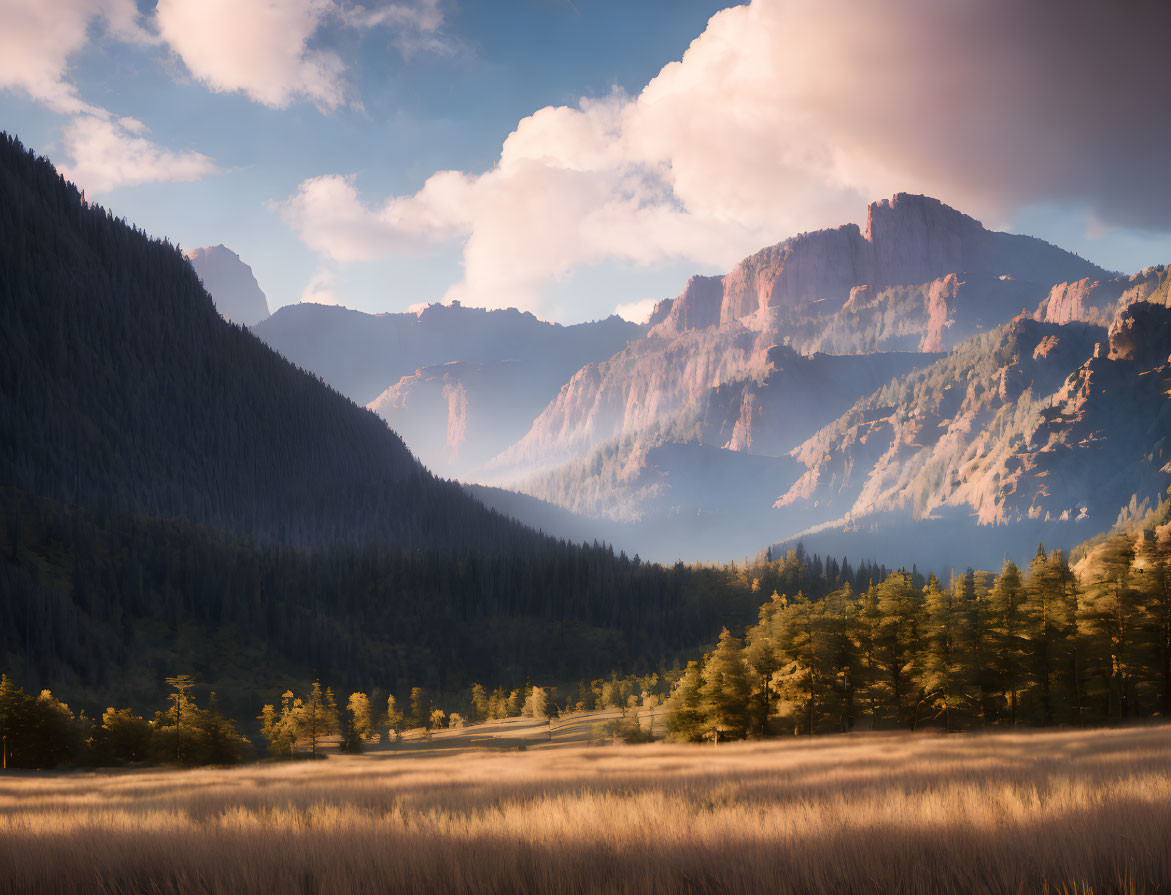 Tranquil landscape with lush forest, golden fields, and majestic mountains