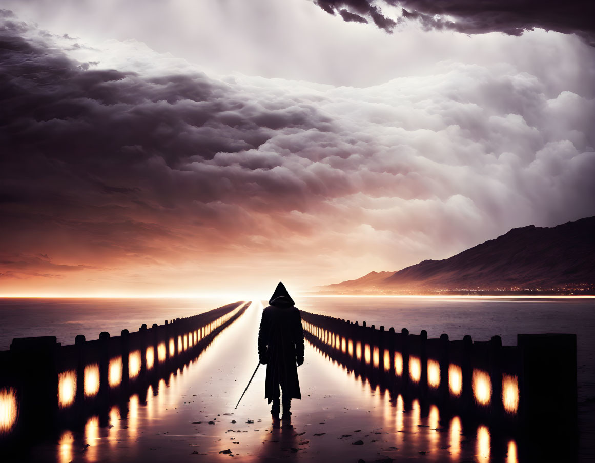 Solitary figure with cane on pier under dramatic sunset sky