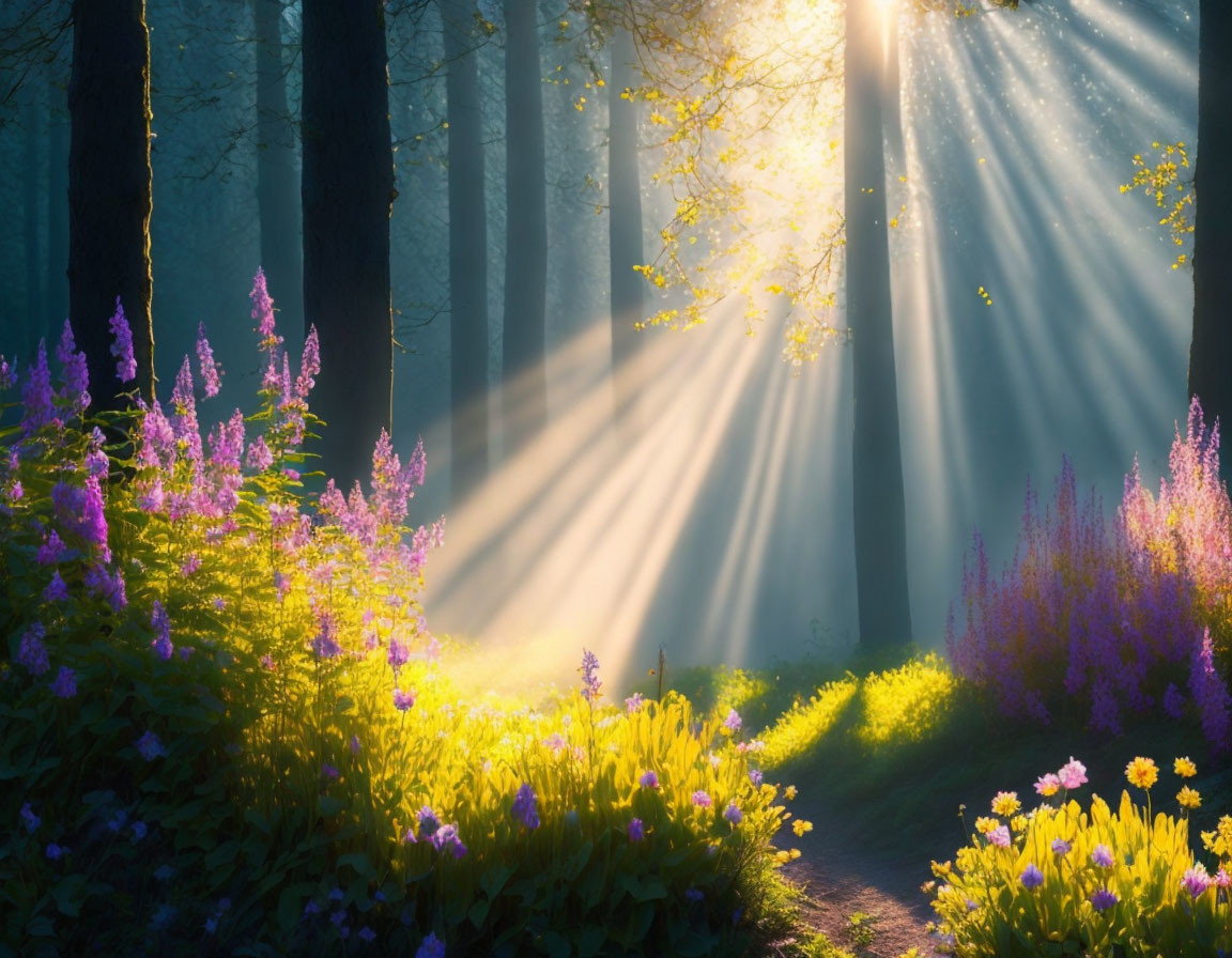 Misty forest scene with sunbeams and wildflowers