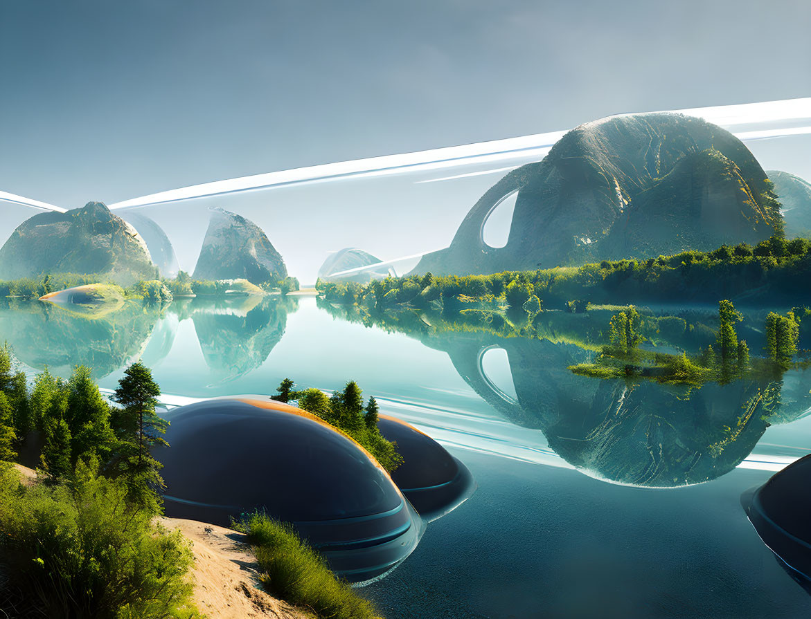 Futuristic landscape with mirror-like water, domed structures, rock formations, and artificial rings