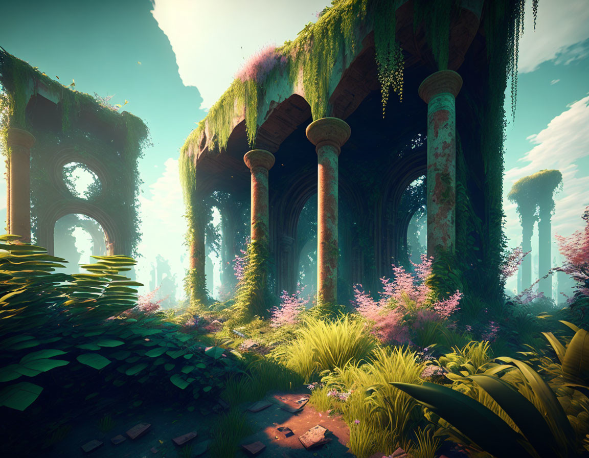 Ancient ruins in mystical forest with towering columns, arches, green foliage, and pink flowers