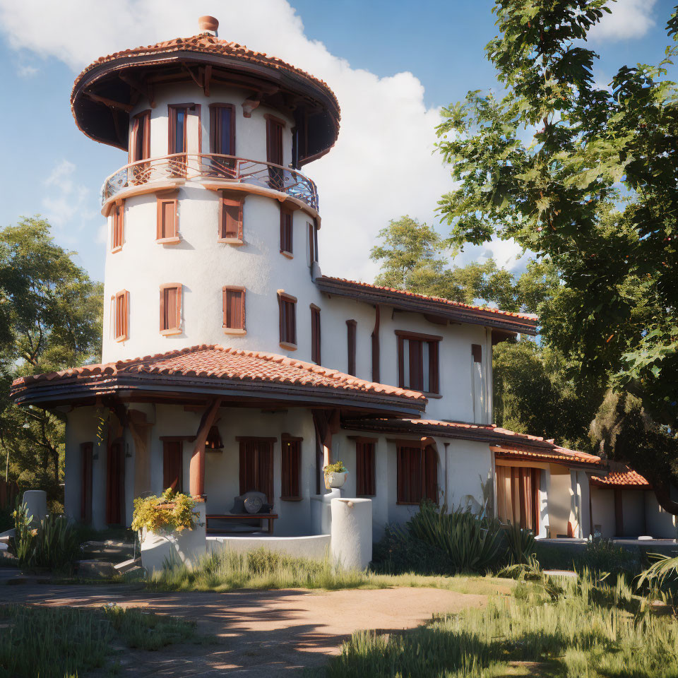 Two-story villa with cylindrical tower in lush greenery