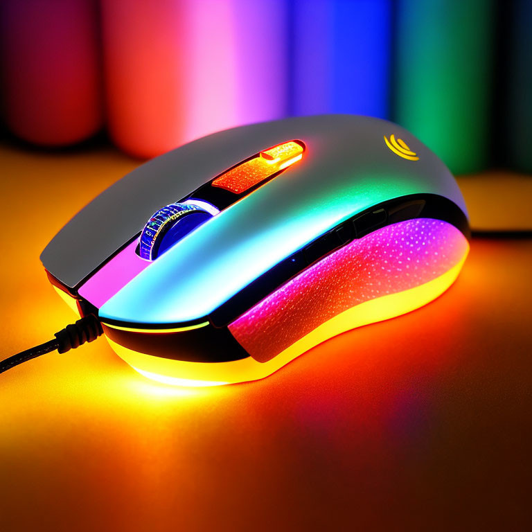 Vibrant LED Backlit Gaming Mouse on Reflective Surface