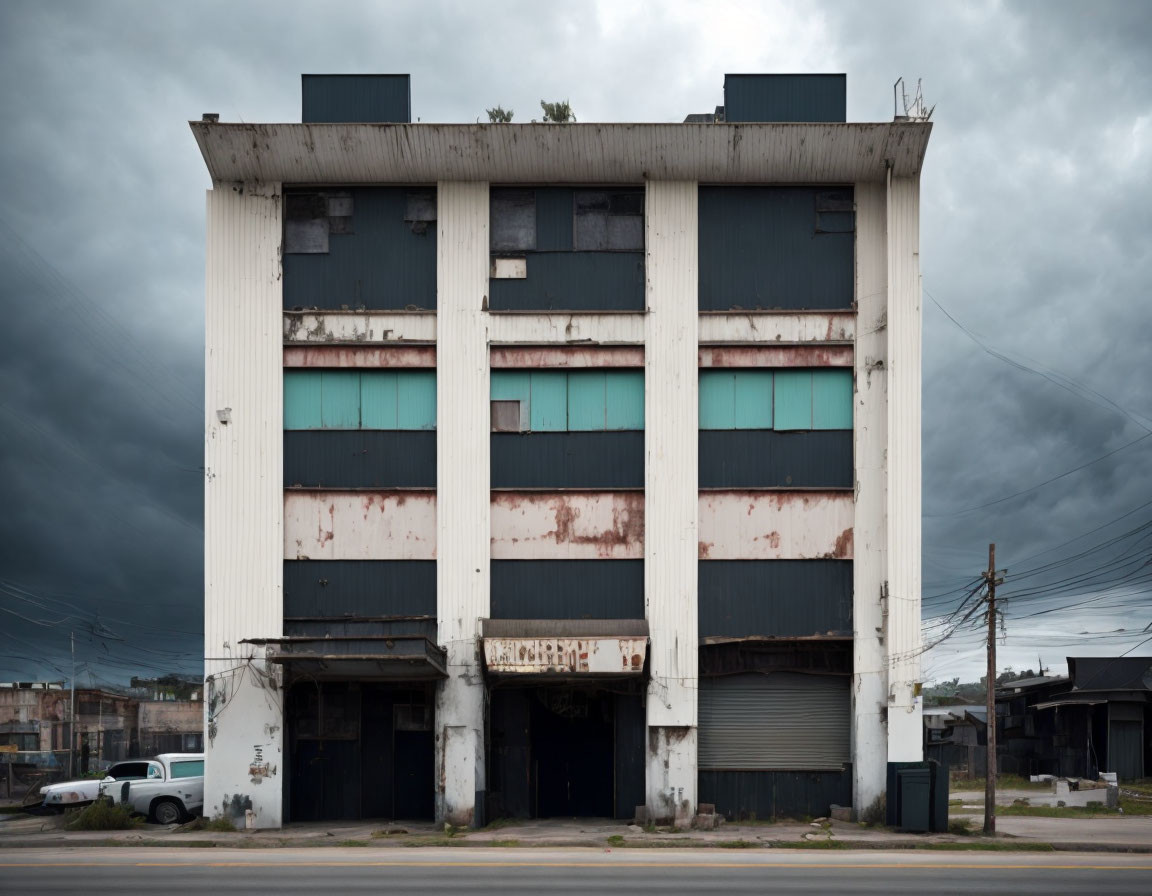 Weathered Industrial Building Against Dark Sky with White Van