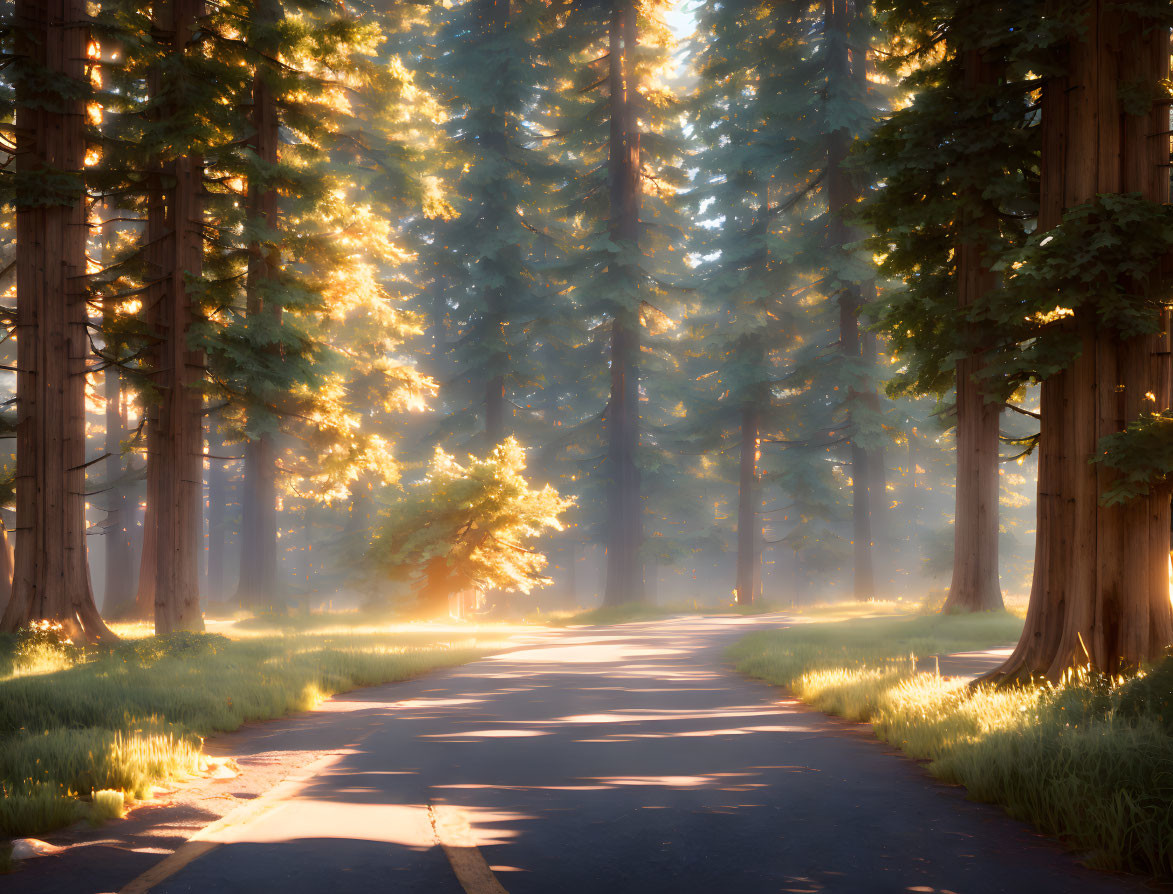 Tranquil forest path with tall trees and warm sunlight glow