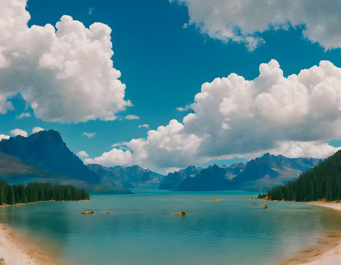 Tranquil mountain lake with sandy shore and forested peaks