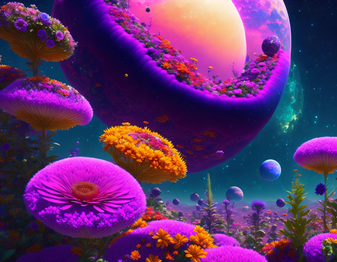 Colossal flowers and planets in vibrant alien landscape