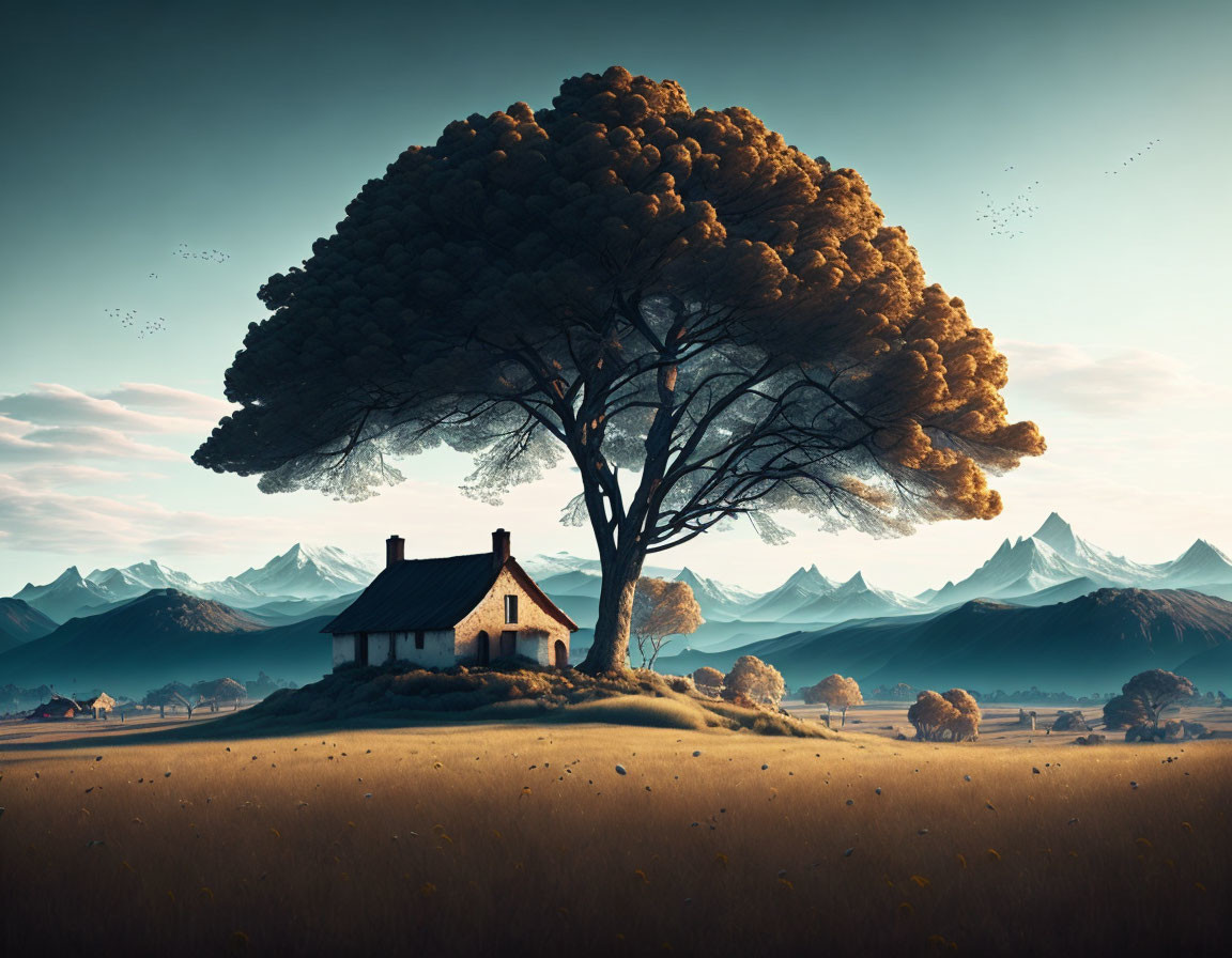 Solitary house under large tree in tranquil landscape