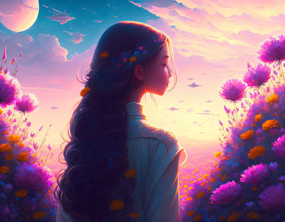 Girl with Long Wavy Hair in Floral Headband Surrounded by Purple Flowers and Pastel Sunset