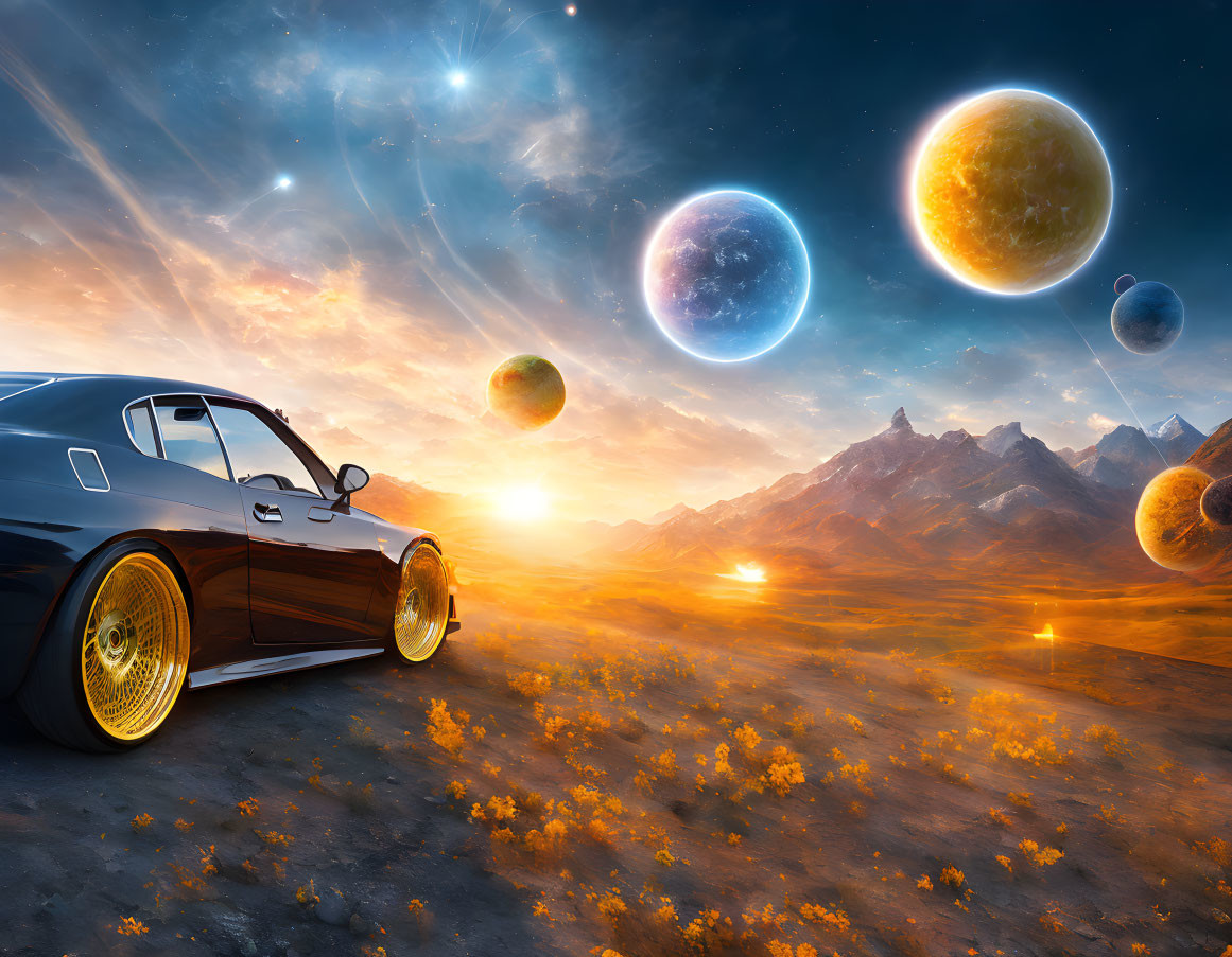 Black sports car on golden field under sunset sky with planets visible