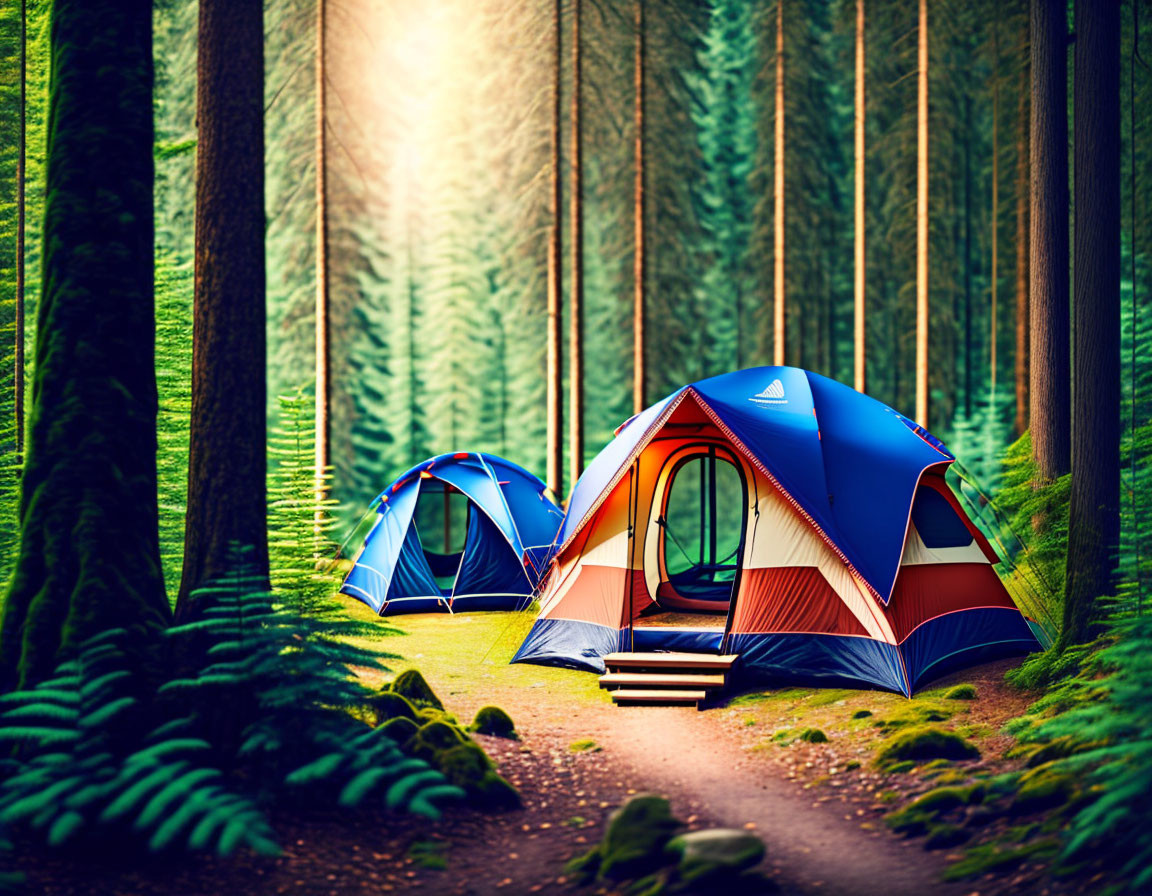 Sunlit forest clearing with two tents amidst tall trees and ferns