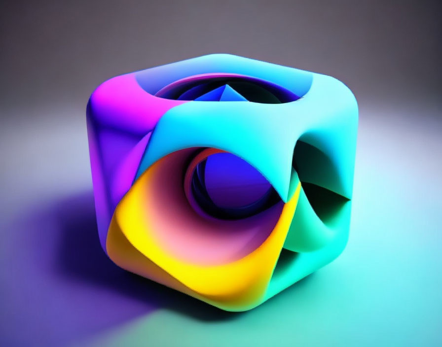 Vibrant 3D abstract cube with twisted surfaces in blue, purple, yellow, and pink