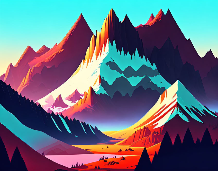 Colorful Mountain Landscape with Stylized Peaks in Pink, Orange, and Blue