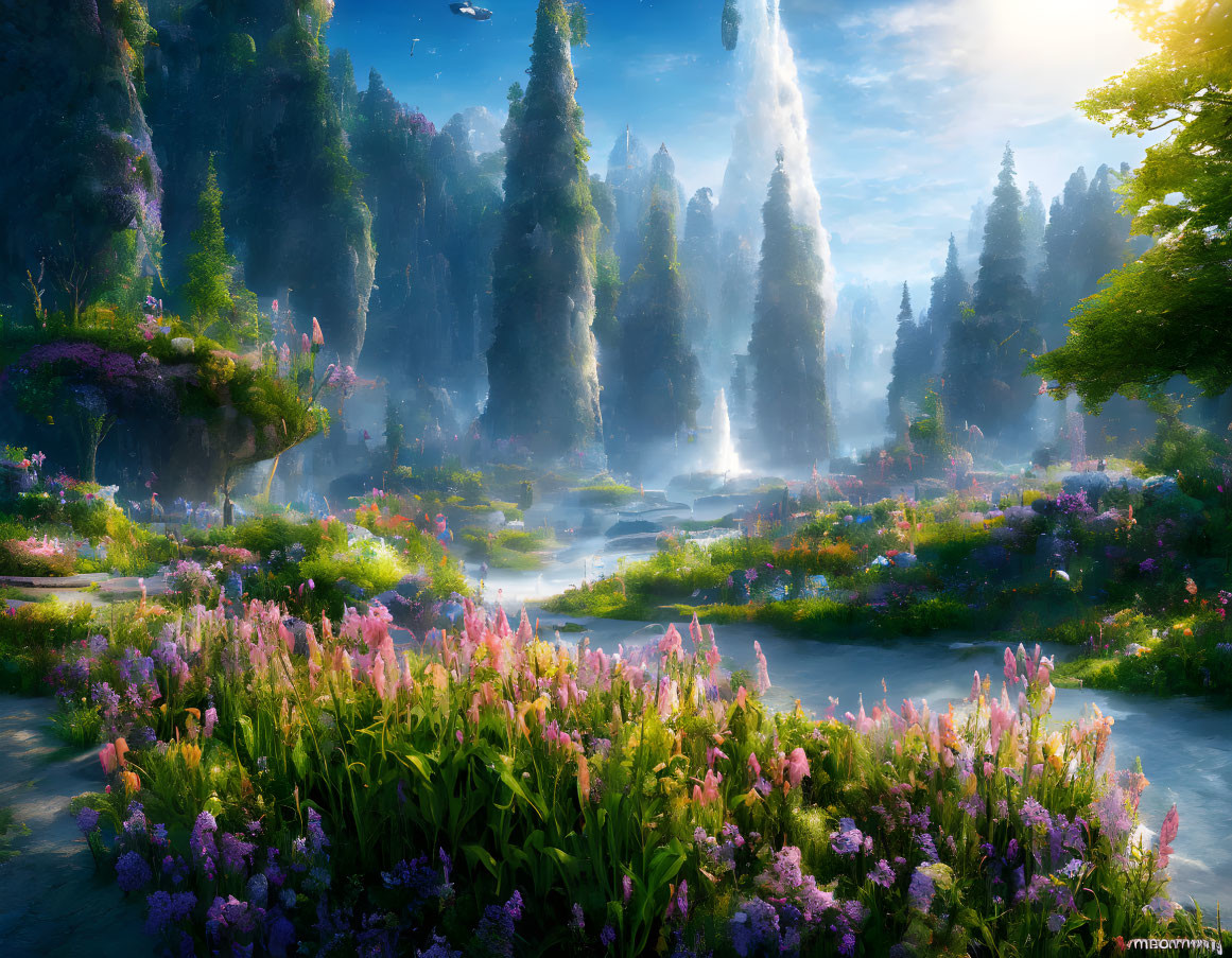 Tranquil forest scene with meadow, trees, and waterfall