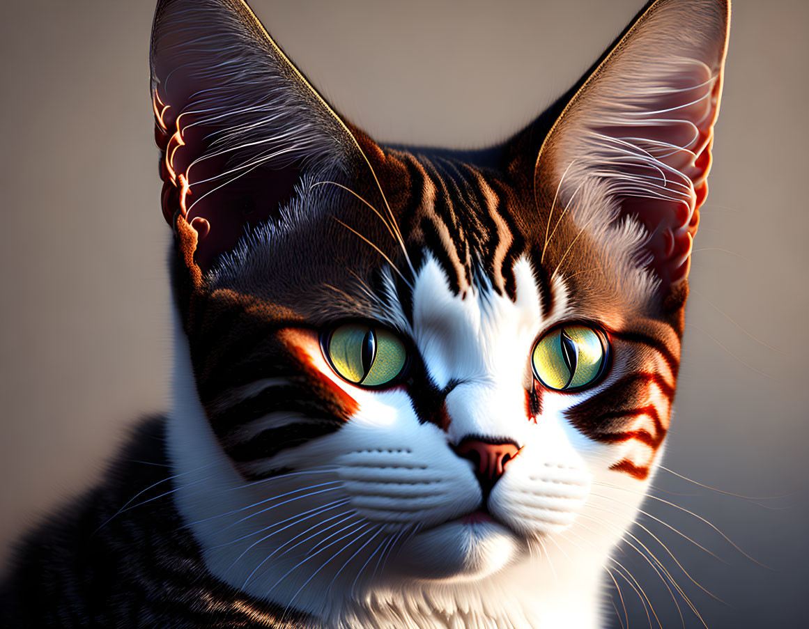 Striking orange eyes on domestic cat with black and white fur patterns