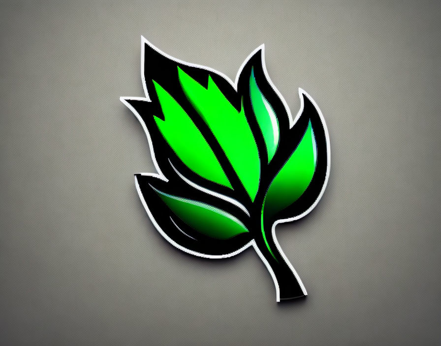 Stylized green leaf with black outline on textured grey background