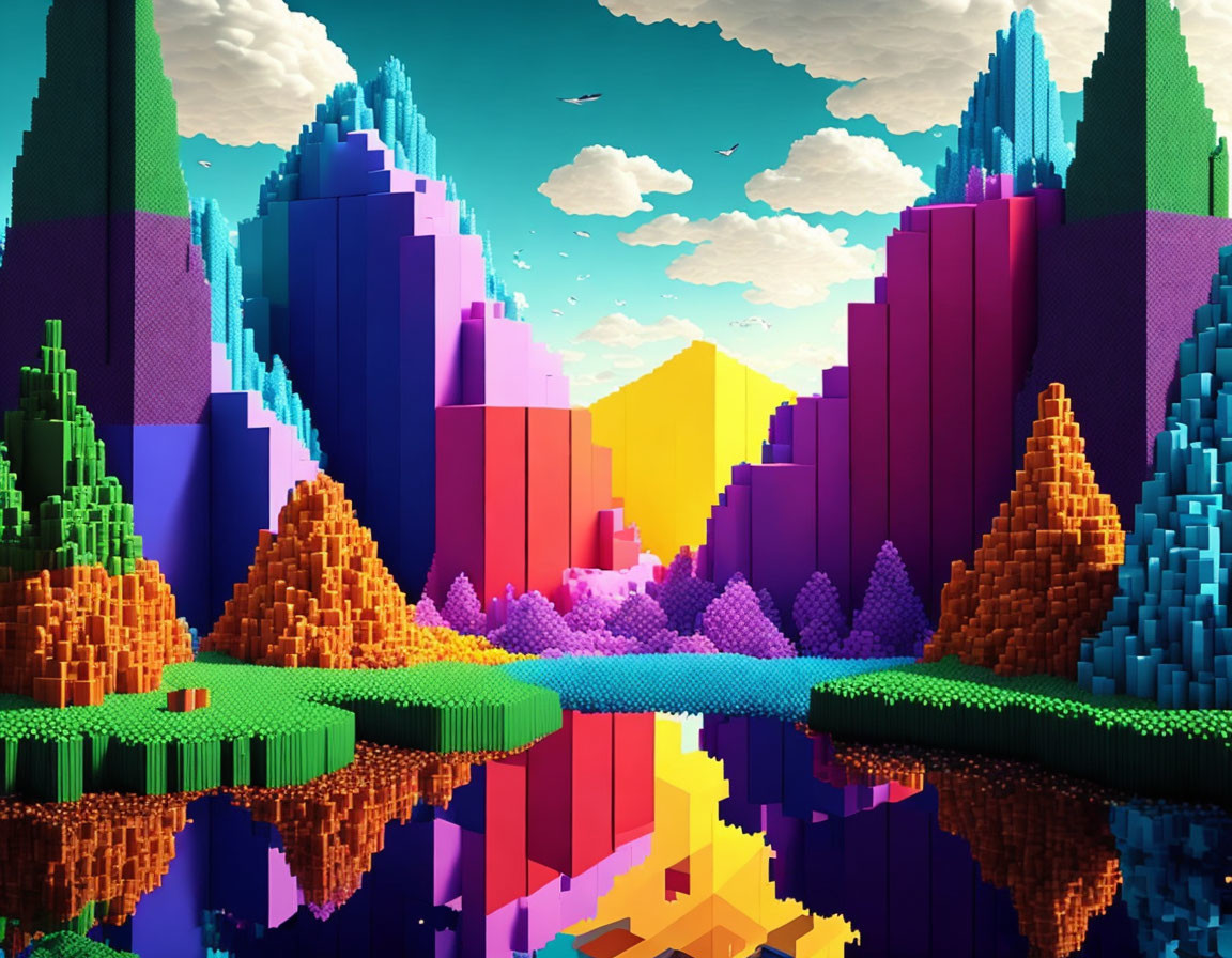 Colorful Voxel Landscape with Mountains and Reflective Water