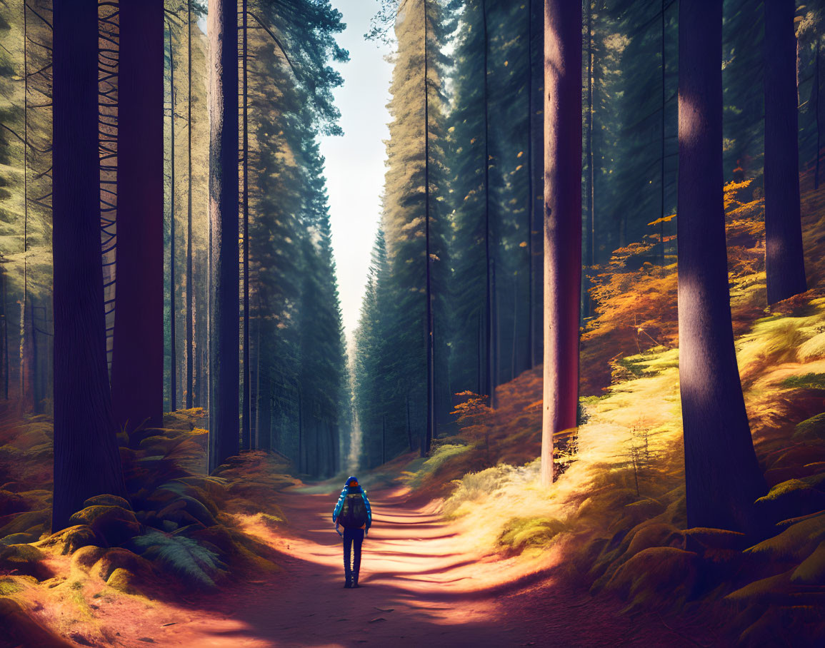 Hiker walking on forest path surrounded by tall trees