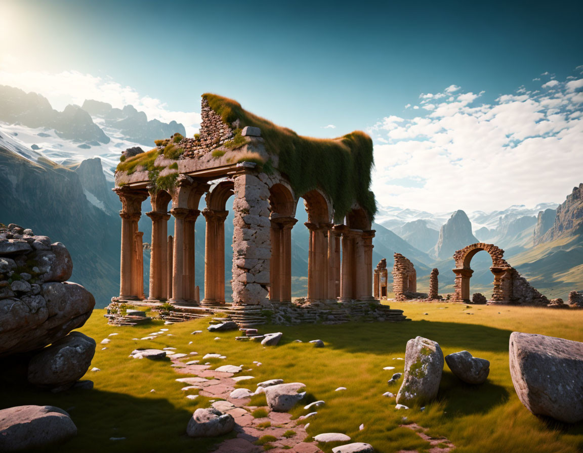 Ancient stone ruins with arches and columns in mountain landscape