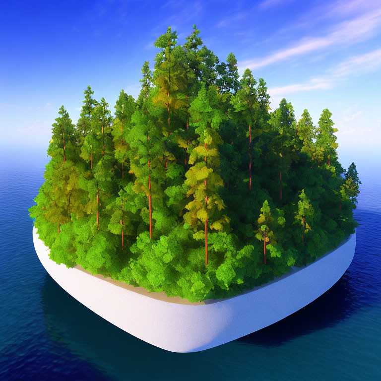 Lush Forest on Floating Island Surrounded by Blue Ocean