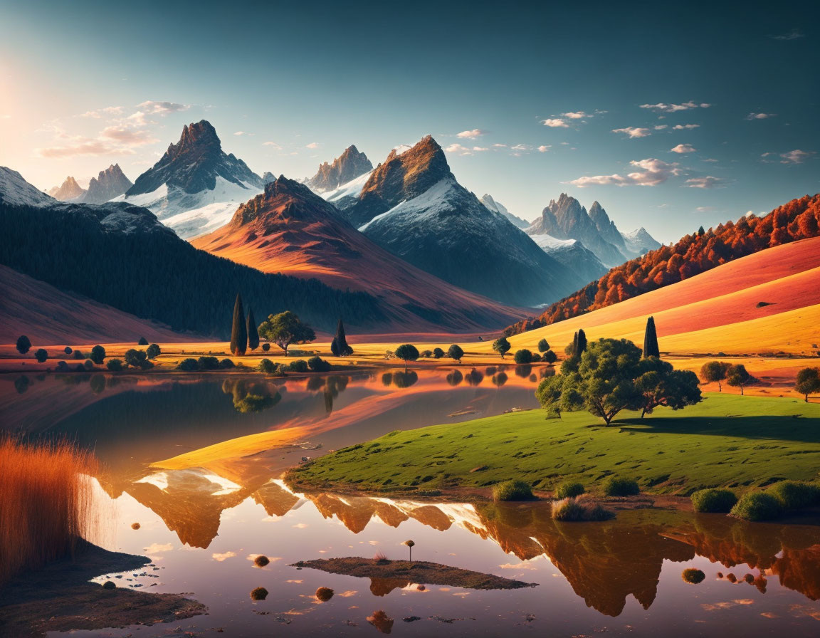 Scenic landscape with reflective lake, golden fields, rolling hills, snow-capped mountains.