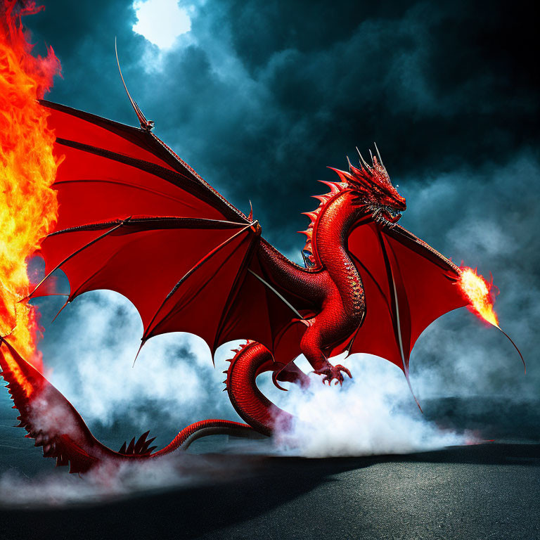 Red Dragon Breathing Fire in Defensive Stance on Road