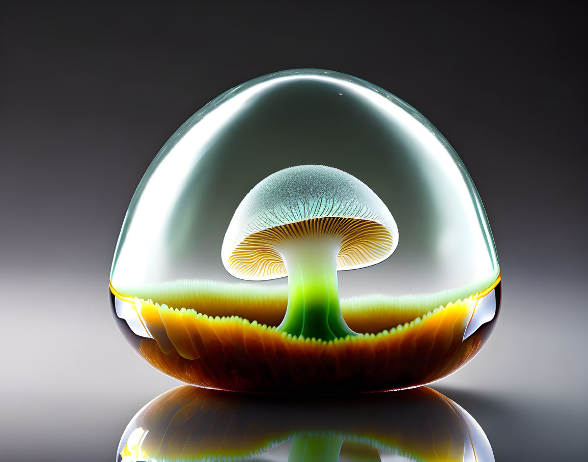 Translucent glass mushroom sculpture on glossy surface with gradient background