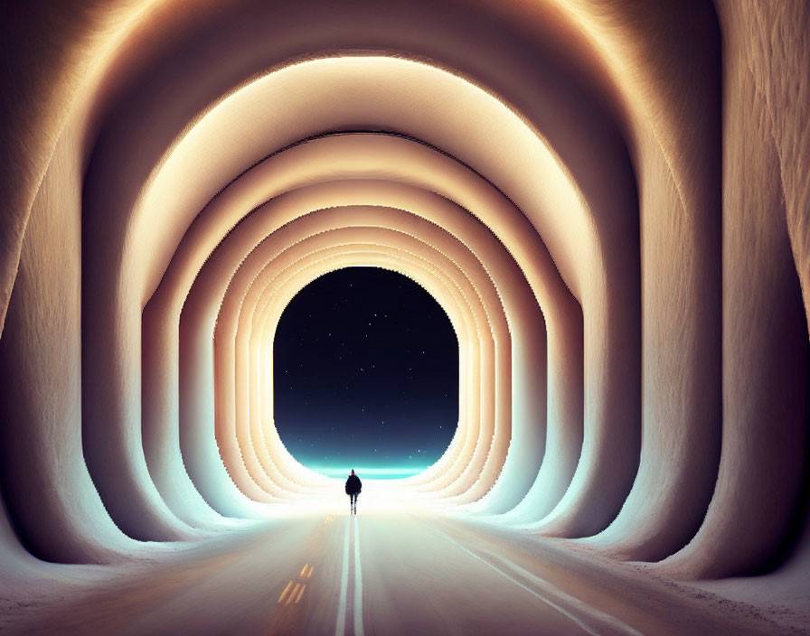 Person standing at entrance of illuminated tunnel with concentric arches