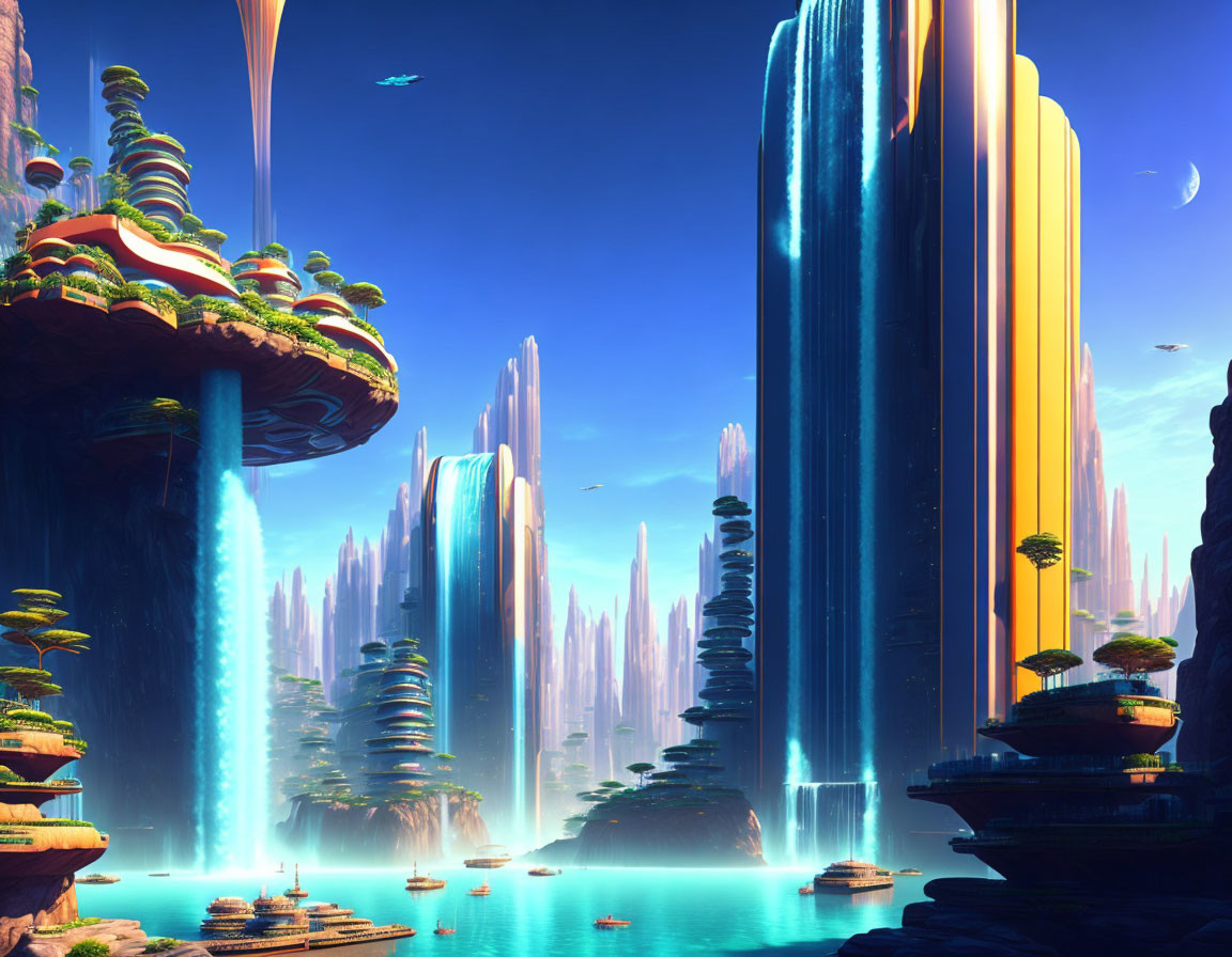 Majestic rock formations, waterfalls, and distant planets in a surreal landscape