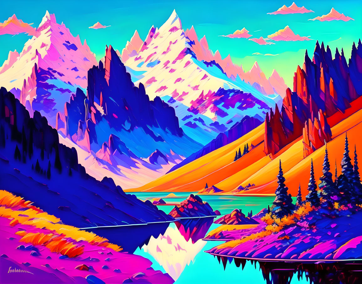 Colorful digital artwork: Mountain landscape with pink and blue tones, pine trees, lake, and dramatic